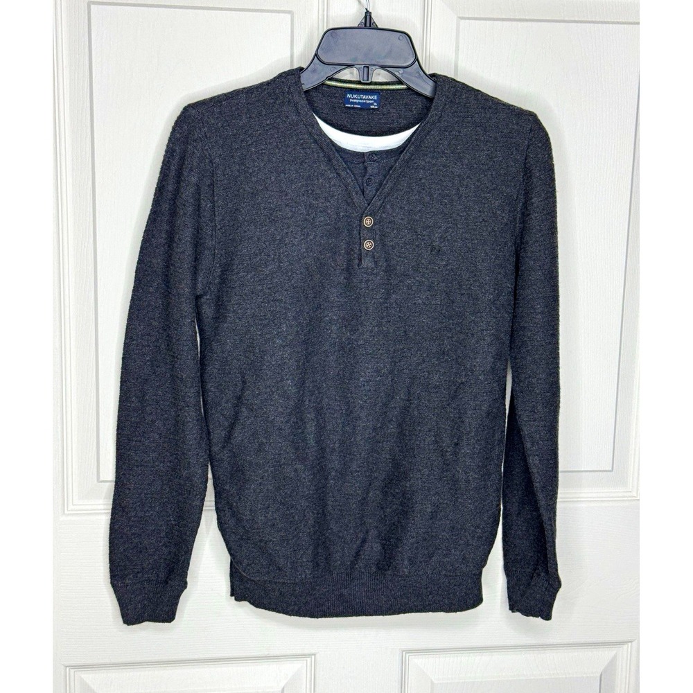 Nukutavake Boys Gray Henley Pullover Sweater Layered Look Shirt 14 Cotton Wool